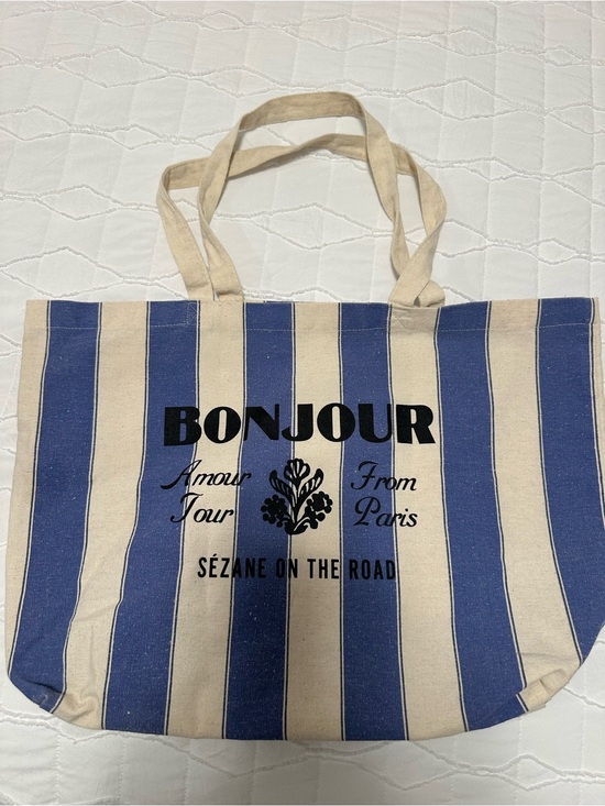 Sezane Handbags - Sezane Blue and Cream Striped Bonjour Canvas Tote